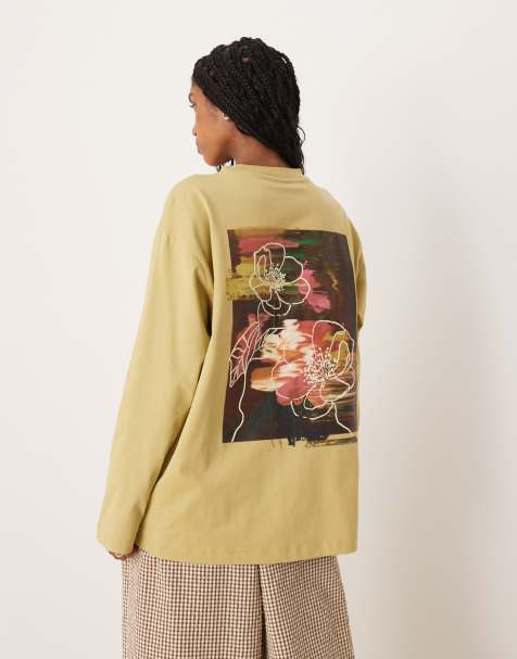 ASOS DESIGN long sleeve oversized tee with blurred floral graphic and puff print detail in sage