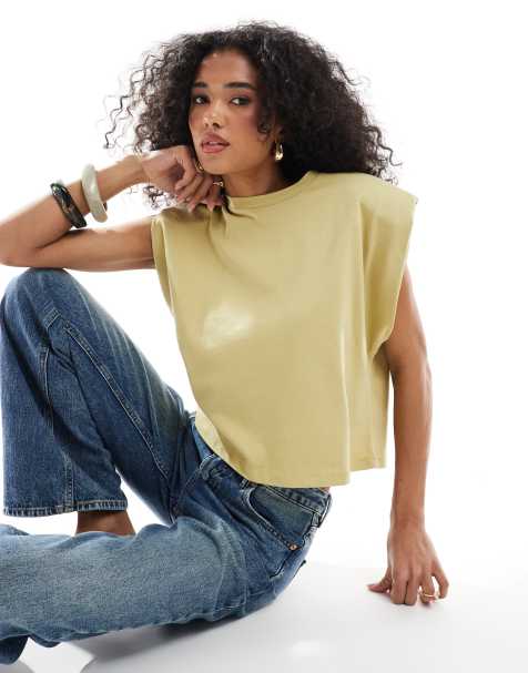 ASOS DESIGN sleeveless shoulder pad top in sage