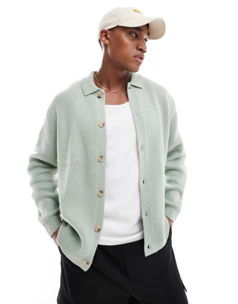 ASOS DESIGN – Szałwiowy zapinany na guziki kardigan oversize ze szczotkowanej dzianiny - view 1