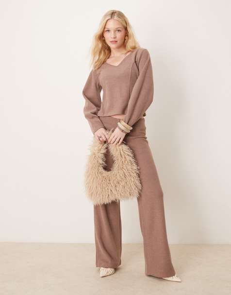 ASOS DESIGN – Szczotkowany brązowoszary zestaw z topem z dekoltem w kształcie litery V i rękawami typu kokon i spodniami - view 1