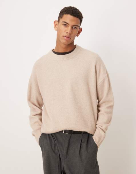 ASOS DESIGN oversized brushed knitted crew neck jumper in stone