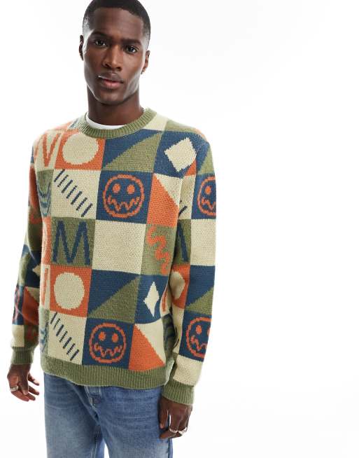 ASOS DESIGN – Szczotkowany sweter oversize we wzór na całej powierzchni w kolorze khaki i pomarańczowym