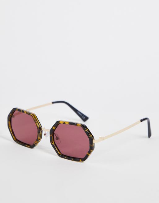 ASOS DESIGN – Sześciokątne okulary przeciwsłoneczne z fioletowymi szkłami i szylkretowymi oprawkami