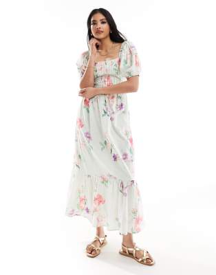 ASOS DESIGN – Sznurowana na plecach sukienka midi z bawełnianej tkaniny dobby w kwiatowy wzór
