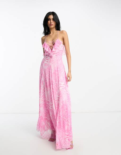  ASOS DESIGN – Sznurowana sukienka maxi na ramiączkach z falbanką we wzór w rozmyte różowe cętki