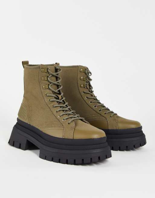 ASOS DESIGN – Sznurowane płócienne buty w kolorze khaki na masywnej podeszwie