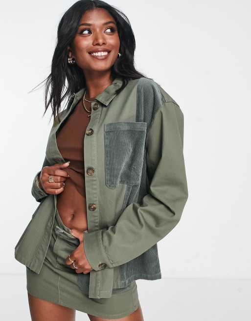 ASOS DESIGN – Sztruksowa patchworkowa koszula w kolorze khaki