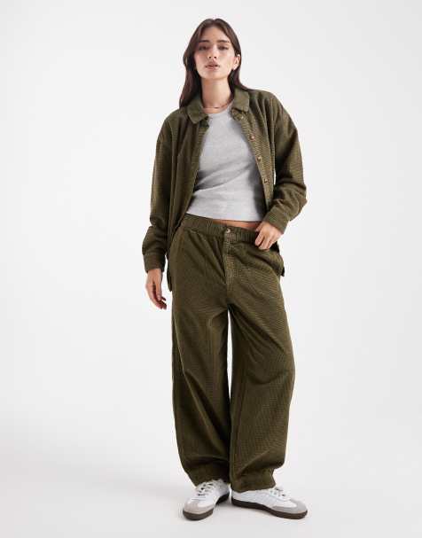 ASOS DESIGN barrel trousers in bubble cord in khaki 