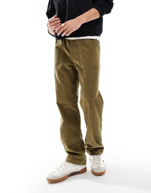 ASOS DESIGN – Sztruksowe wciągane spodnie o prostym kroju carpenter w kolorze khaki 