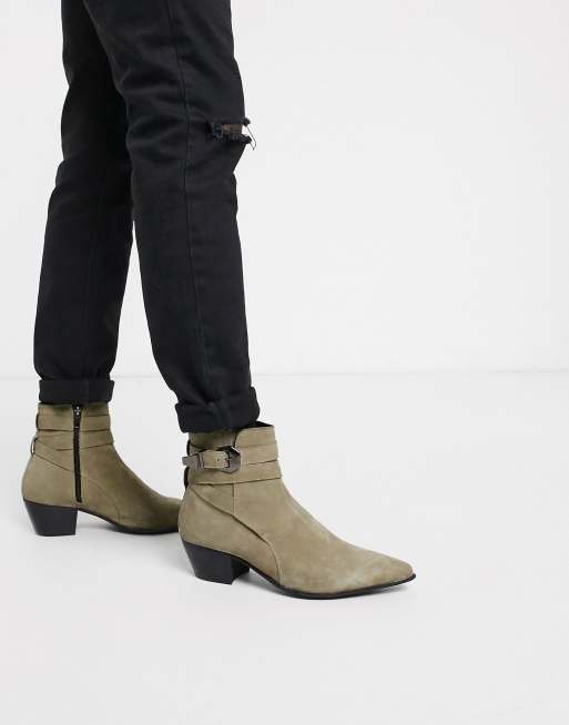 ASOS DESIGN – Sztyblety kowbojskie z beżowego zamszu na kubańskim obcasie