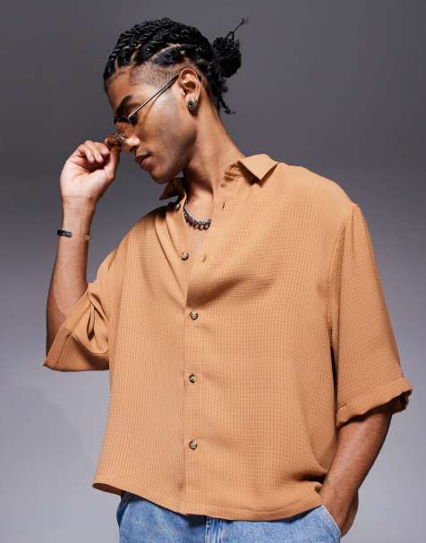ASOS DESIGN boxy oversized crochet shirt in beige