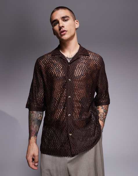 ASOS DESIGN boxy revere shirt crochet shirt in brown