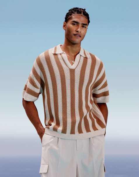 ASOS DESIGN relaxed boxy fit crochet knitted notch neck polo in tan stripe