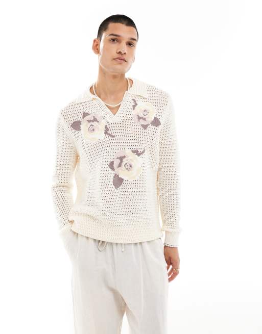 ASOS DESIGN – Szydełkowana dzianinowa koszulka polo z wycięciem pod szyją w kolorze ecru w haftowany kwiatowy wzór
