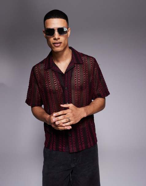 ASOS DESIGN boxy revere crochet shirt in burgundy and black stripe