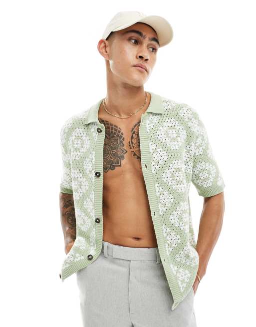 ASOS DESIGN – Szydełkowana koszulka polo zapinana na guziki w kolorze szałwiowym i ecru