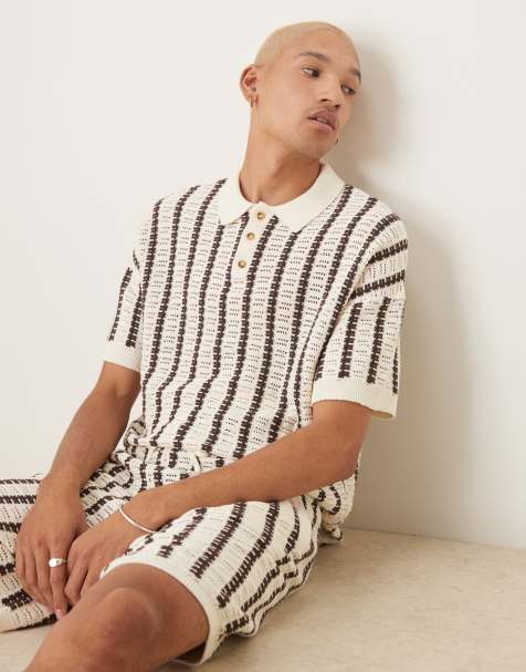 ASOS DESIGN co-ord relaxed crochet knitted button through polo with stripe pattern in brown and ecru