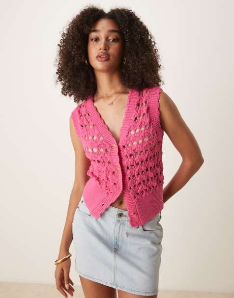 ASOS DESIGN crochet waistcoat with scallop trim and silver buttons in pink 