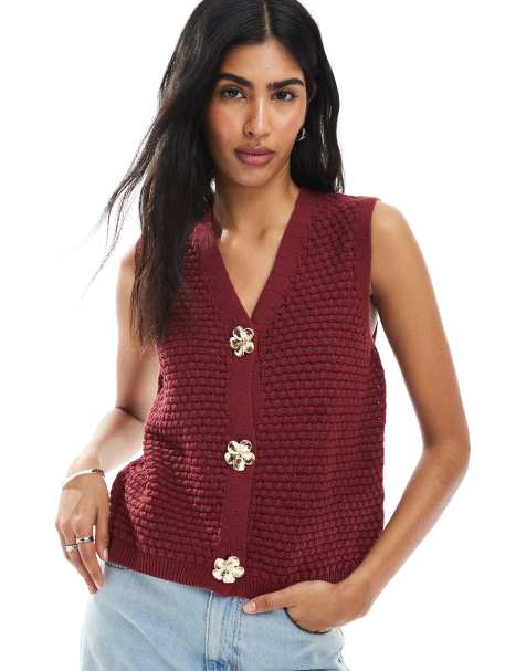 ASOS DESIGN knitted crochet tank top with gold flower buttons in rust