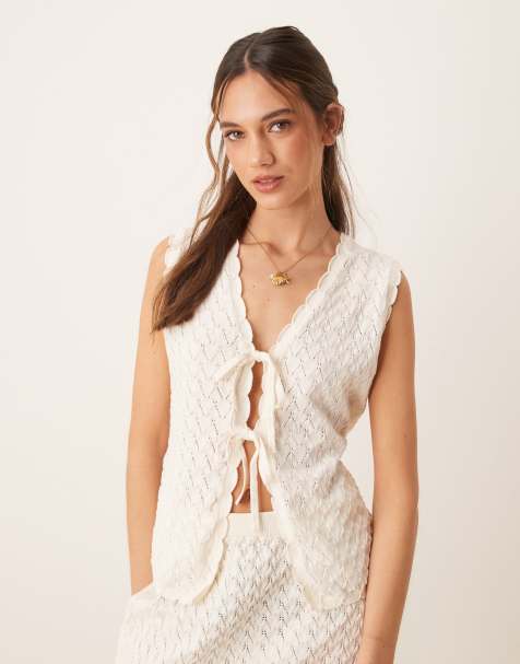 ASOS DESIGN crochet knit tie front cardigan co-ord in ecru
