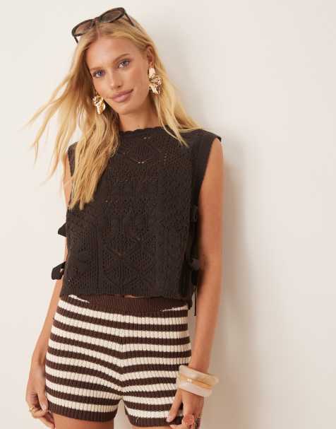 ASOS DESIGN patchwork stitch interest knitted tank with tie sides in chocolate 