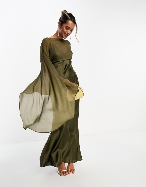 ASOS DESIGN – Szyfonowa atłasowa sukienka maxi z dużymi rękawami i spódnicą ciętą ze skosu w kolorze khaki