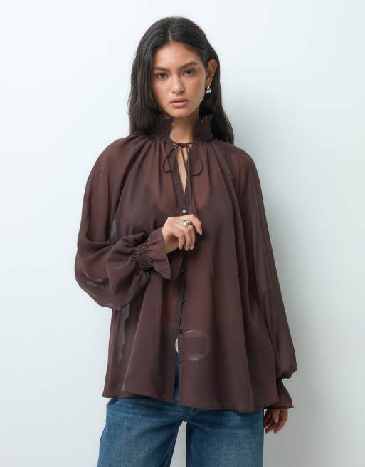 ASOS DESIGN szyfonowa oversize bluzka raglanowa w kolorze czekoladowym, 2 z 5
