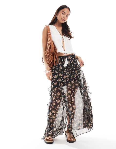 ASOS DESIGN ruffle chiffon printed maxi skirt