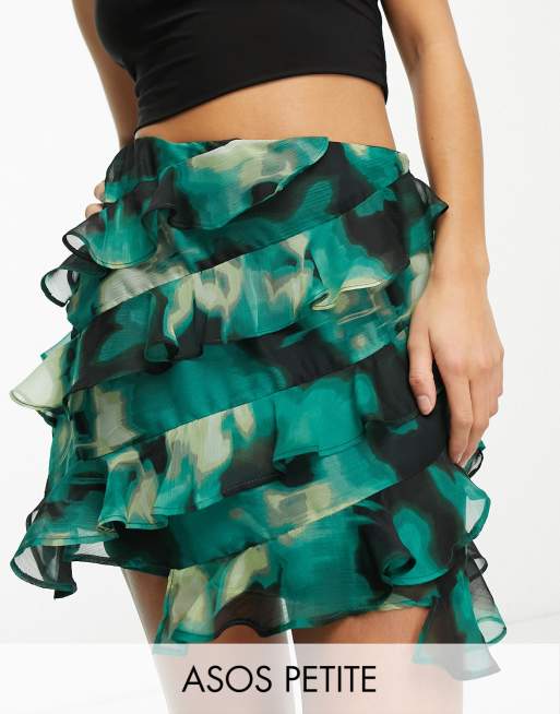 ASOS DESIGN – Szyfonowa spódnica mini z falbankami w zielony abstrakcyjny wzór 