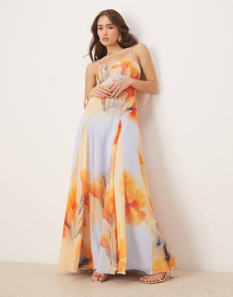 ASOS DESIGN chiffon strappy maxi dress with deep godets in overblown floral print