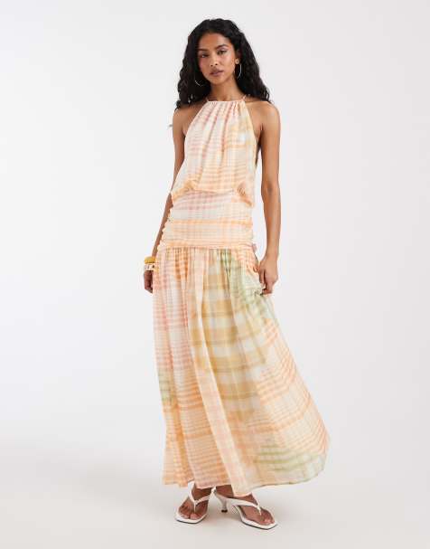 ASOS DESIGN – Szyfonowa sukienka maxi z dekoltem halter i ozdobną talią w kratę - view 1