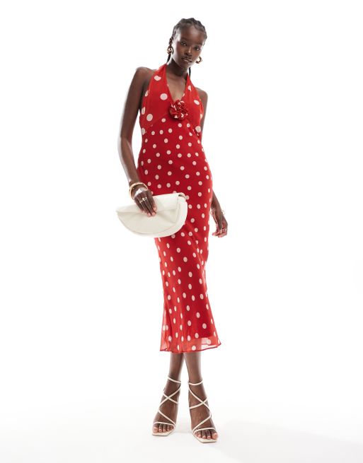 ASOS DESIGN – Szyfonowa sukienka maxi z dekoltem halter, ozdobnym bukiecikiem i wzorem w groszki