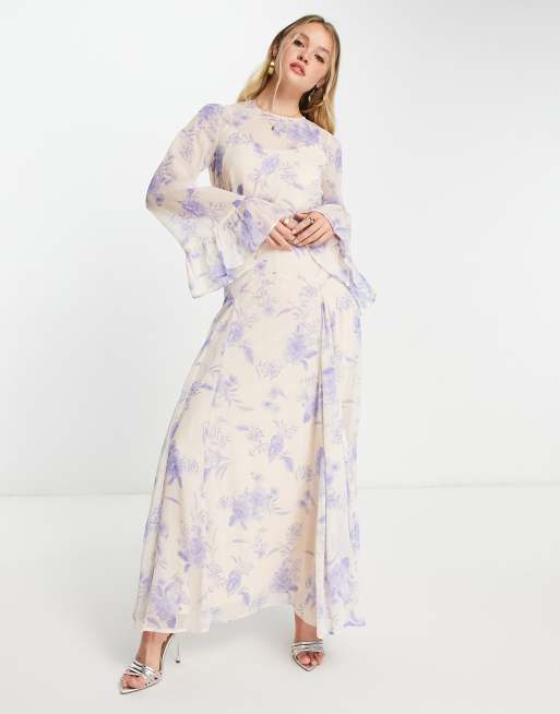 ASOS DESIGN – Szyfonowa sukienka maxi z długimi rękawami, falbankami przy makietach i kwiatowym wzorem