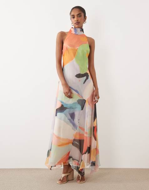 ASOS DESIGN – Szyfonowa sukienka maxi z zabudowanym dekoltem w kolorowy abstrakcyjny wzór - view 1