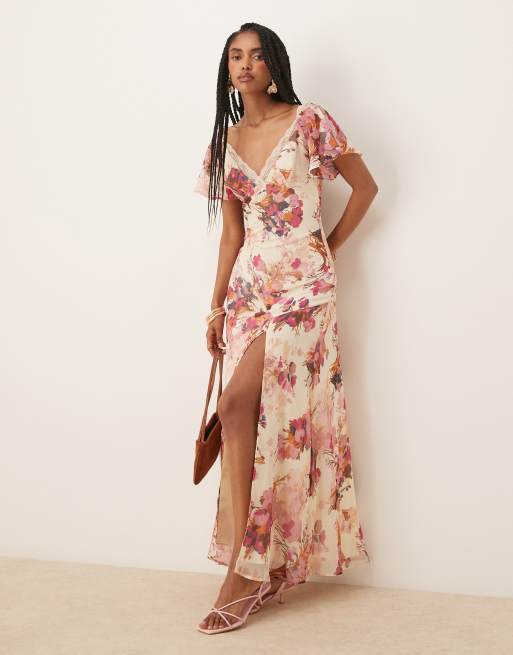 ASOS DESIGN – Szyfonowa sukienka midi w kwiatowy wzór z koronkową wstawką