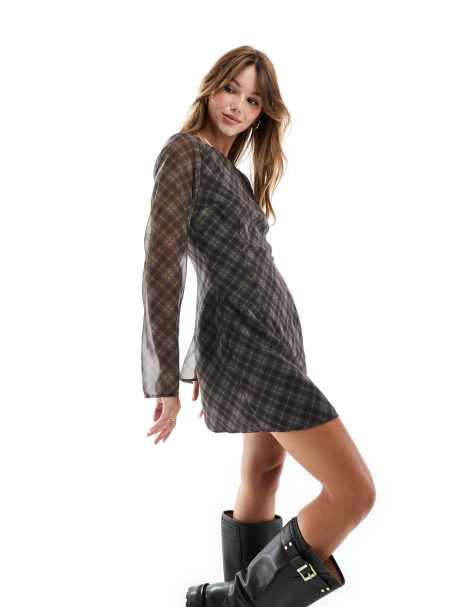 ASOS DESIGN – Szyfonowa sukienka mini z rozkloszowanymi rękawami w neutralną kratkę - view 1