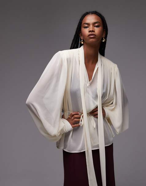 ASOS DESIGN – Szyfonowa wiązana bluzka z poduszkami na ramionach w stylu boho w kolorze ecru - view 1