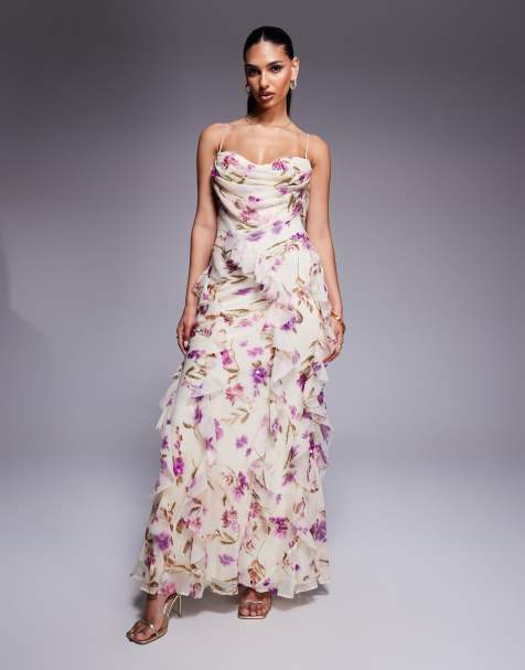 ASOS DESIGN embellished chiffon cami ruffle maxi dress in ivory floral