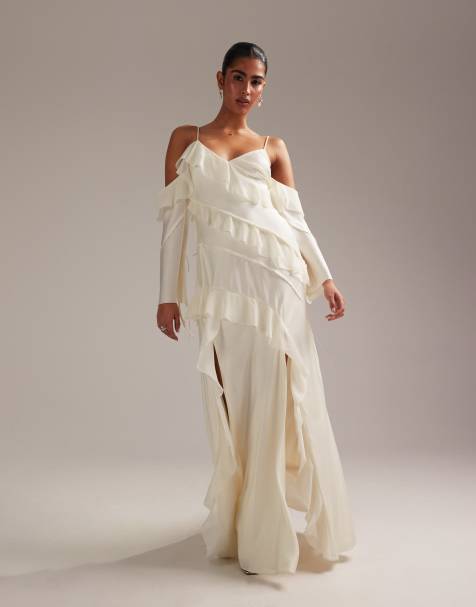 ASOS DESIGN satin chiffon mix ruffle cold shoulder maxi dress in ivory