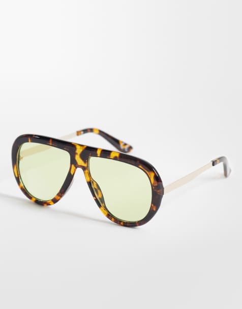 ASOS DESIGN – Szylkretowe okulary przeciwsłoneczne typu aviator z metalowymi zausznikami i jasnozielonymi szkłami - view 1