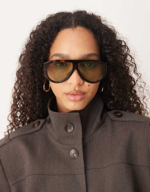 ASOS DESIGN – Szylkretowe okulary przeciwsłoneczne typu aviator z szerokimi zausznikami i zielonymi szkłami