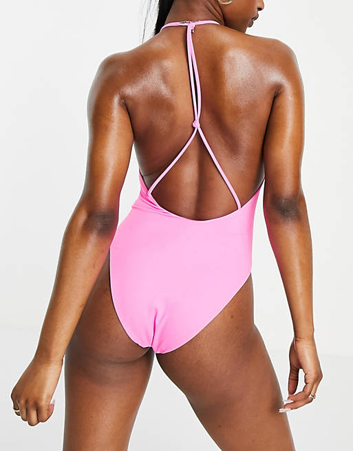 ASOS DESIGN T back swimsuit in neon pink