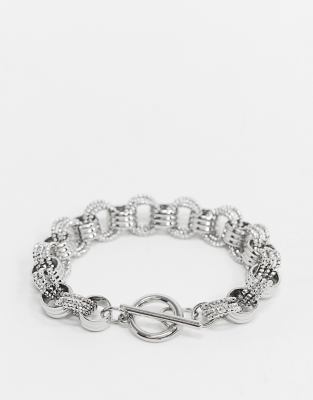 ASOS DESIGN T Bar Bracelet in Textured Chain Links in Silver Tone