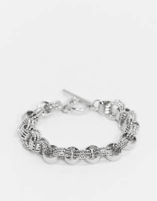 ASOS DESIGN T Bar Bracelet in Textured Chain Links in Silver Tone thumbnail