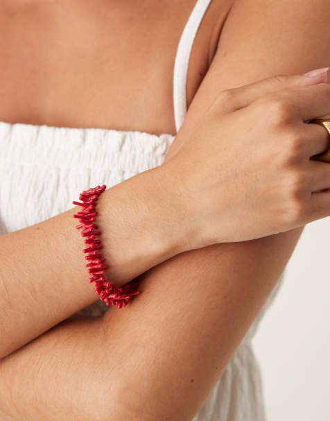 ASOS DESIGN t bar bracelet with faux coral beading in red - view 1