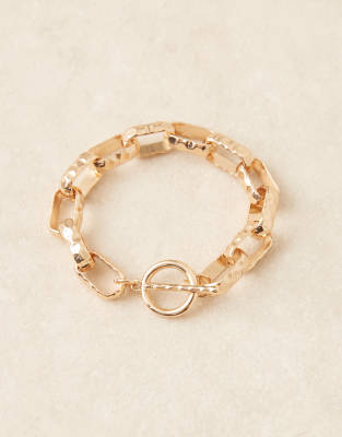 Asos Design T-bar Bracelet With Textured Chain Links In Gold