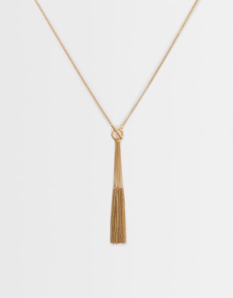 ASOS DESIGN t-bar lariat necklace with tassel chains in gold tone - view 1