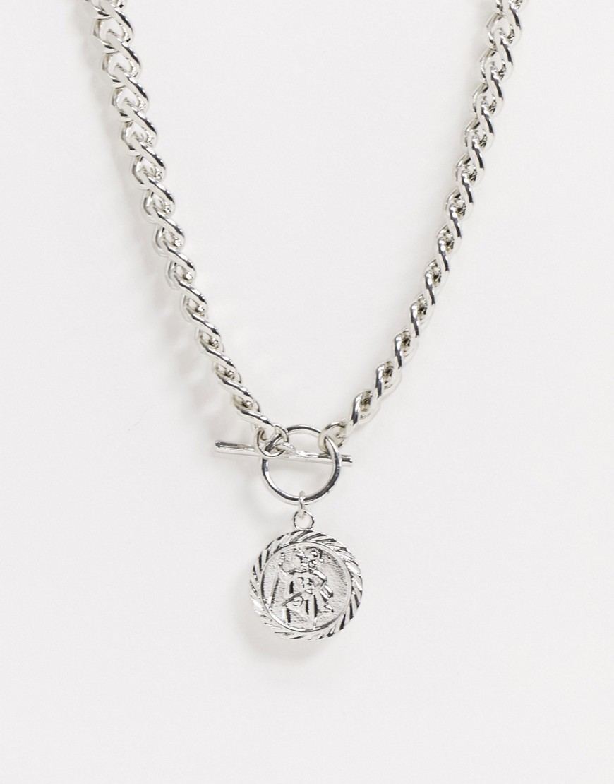 ASOS DESIGN t bar necklace with coin in silver tone