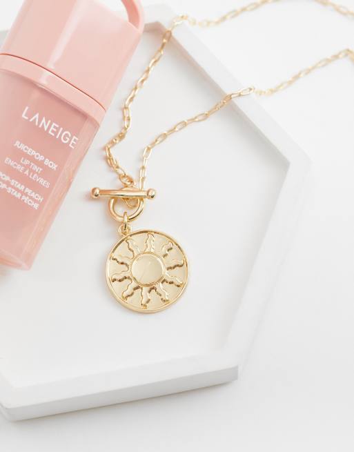 ASOS DESIGN t-bar necklace with sun peandant in gold tone, 3 of 4