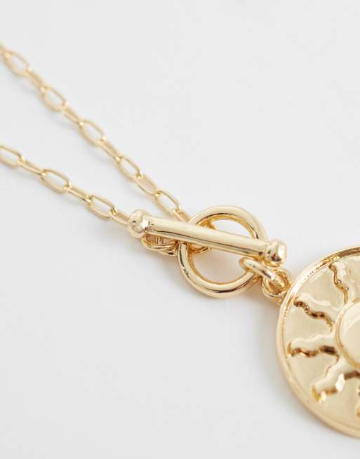 ASOS DESIGN t-bar necklace with sun pendant in gold tone, 4 of 4